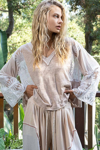 V-neck long flare sleeve lace detail solid top: BEIGE / L