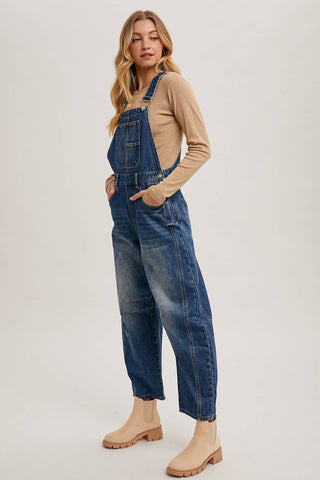 DENIM BARREL OVERALLS: DK.WASH / M