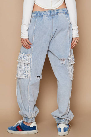 Tie waistband contrast crochet cargo pockets denim joggers: S / DENIM