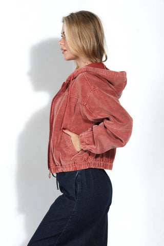 Washed Corduroy Zip Up Hoodie Bomber