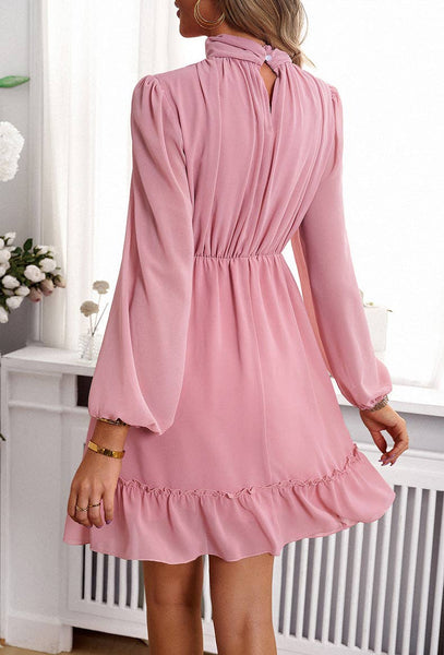 Pink Mid-Collar Waisted Ruffled Long-Sleeve Short Dress: Pink / L / 100%Polyester