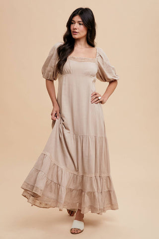 LACE INSET MAXI DRESS: LINEN / L