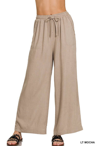 Wide-leg Linen Blend Pants With Pockets: 1-2-2-1 (S-M-L-XL) / LT MOCHA