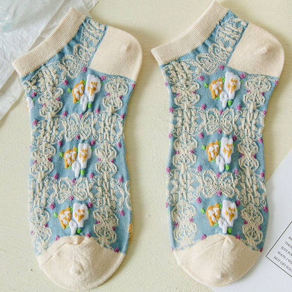 Rufia - Vintage Embossed  Floral Ankle Socks: Floral / Average