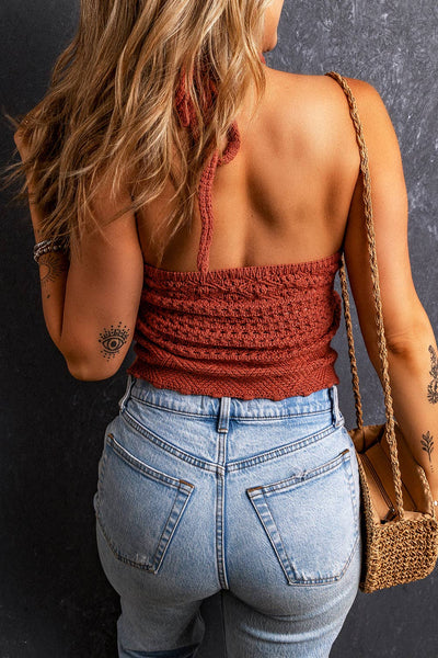 Clay Knit Crochet Halter Neck Backless Tank Top: Red / XL