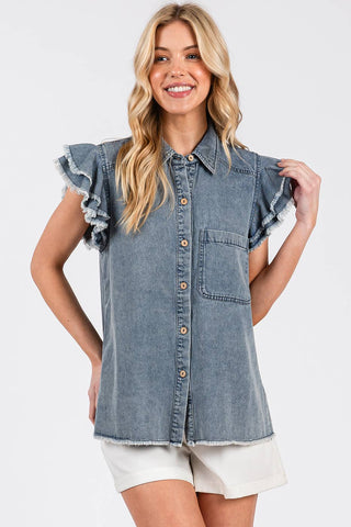 WASHED DENIM RUFFLE SHORT SLEEVE COLLARED SHIRT