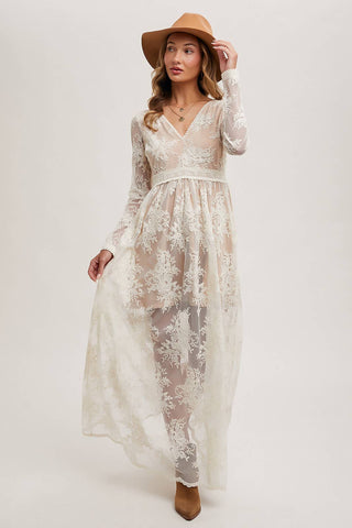 BOHO FLORAL LACE V-NECK MAXI DRESS WITH LINING: ECRU / M