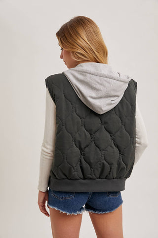 ZIPPER FRONT QUILTED PUFFER VEST CONTRAST HOODIE: ARMY GREEN / M/L