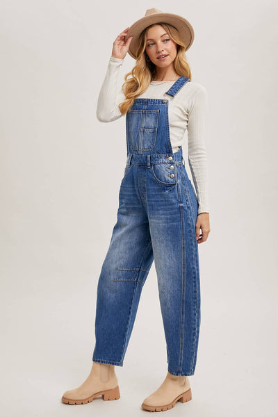 DENIM BARREL OVERALLS: DK.WASH / L