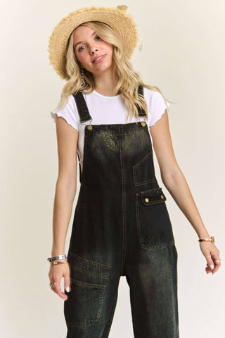 LEJP3648- WASHED DENIM CASUAL OVERALLS: DENIM BLACK / M