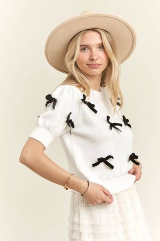 LESW3666 - LOVELY BOW SWEATER TOP: WHITE / L