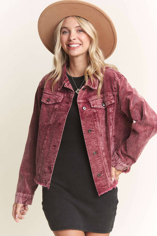 LEJ3662WN - FRAYED HEM CORDUROY JACKET: BURGUNDY / L