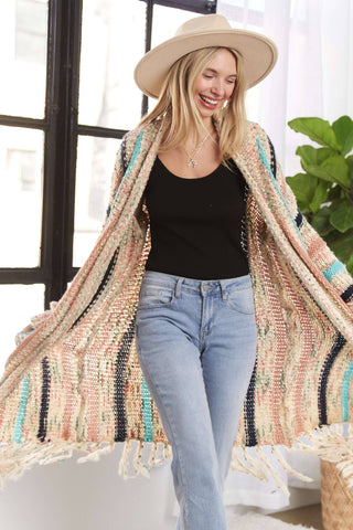 LESW3380- FRINGE HEM MULTI STRIPE CARDIGAN: BEIGE / M