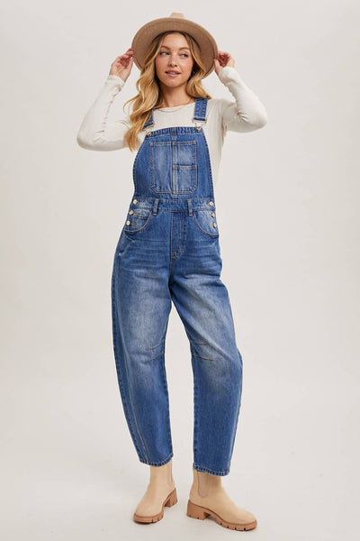 DENIM BARREL OVERALLS: DK.WASH / S