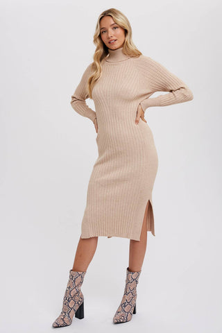 TURTLENECK RIBBED SWEATER MIDI DRESS: CHOCOLATE / S