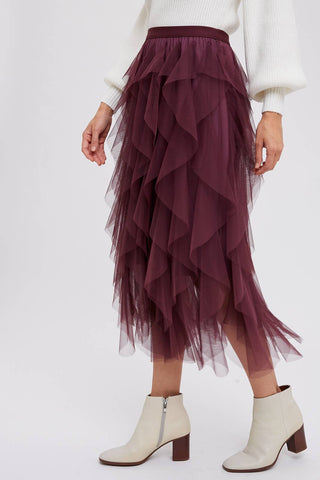 SPRIAL RUFFLED TULLE MIDI SKIRT: PLUM / M