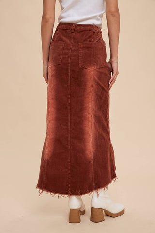 GARMENT WASHED CORDUROY MIDI SKIRT: DARK OLIVE / S