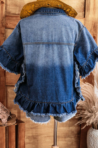 Western Fall Raw Edge Ruffle Short Sleeve Denim Jacket: As shown / Missy / XL