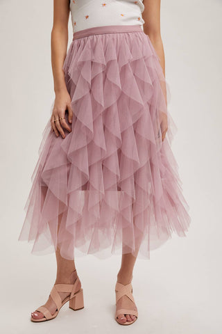 SPRIAL RUFFLED TULLE MIDI SKIRT: PLUM / M