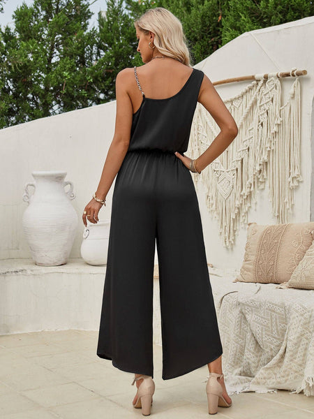 Solid Color Suspender Waist Wide Leg Jumpsuit: M / Apricot