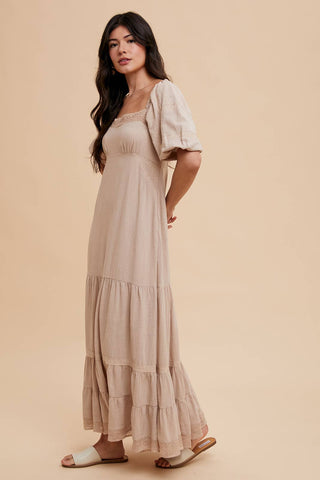 LACE INSET MAXI DRESS: LINEN / L