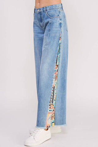 MID RISE PAISLEY PRINT PATCHWORK STRAIGHT LEG PANT: DENIM / L