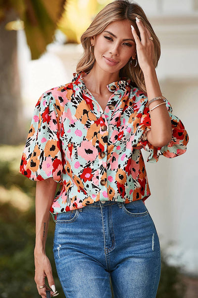 White Frilled High Neck Buttons Back Floral Blouse: M / Multi-Colored / Floral