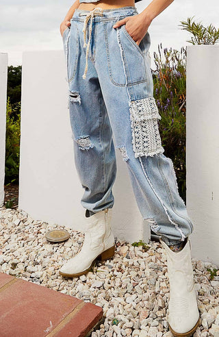 Tie waistband contrast crochet cargo pockets denim joggers: S / DENIM