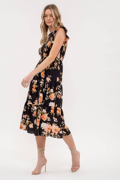 SMOCKED TIERED FLORAL MIDI DRESS: BLACK MULTI