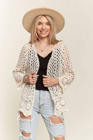 LET3546- CROCHET CARDIGAN WITH SCALLOP HEM: BEIGE / S/M