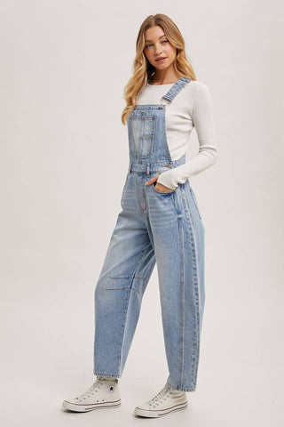 DENIM BARREL OVERALLS: DK.WASH / M