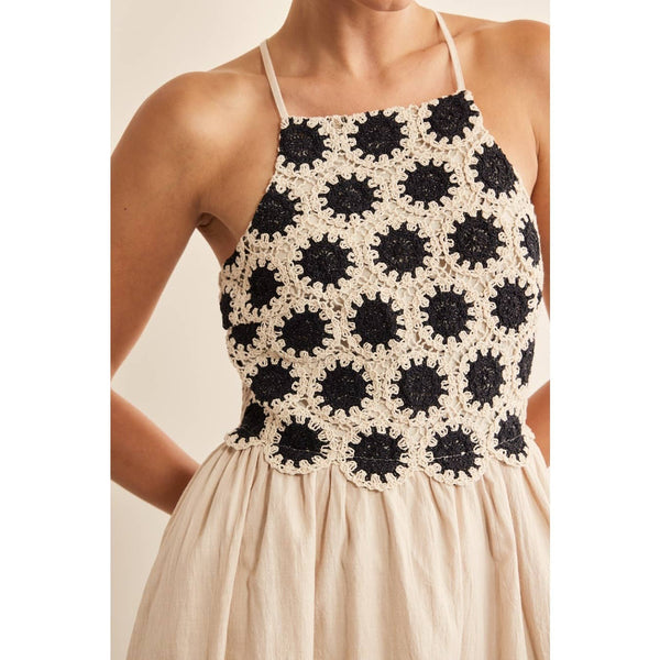 DELICATE CROCHET COTTON DRESS WITH SMOKCED BACK: M / NATURAL