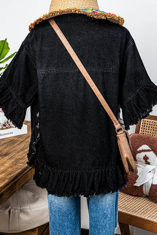 Western Fall Raw Edge Ruffle Short Sleeve Denim Jacket: As shown / Missy / XL