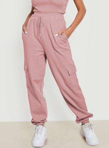 Pink Drawstring Elastic Waist Pull-on Casual Pants with Pockets: Pink / M