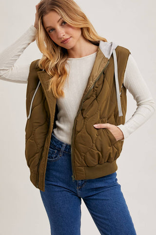 ZIPPER FRONT QUILTED PUFFER VEST CONTRAST HOODIE: ARMY GREEN / S/M