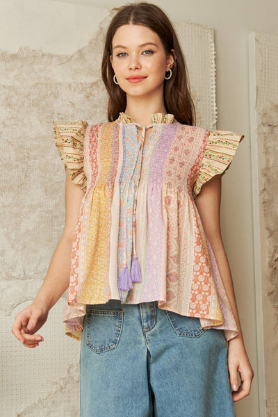 MIXED WALLPAPER PRINTED FLUTTER SLEEVE TOP: M / WINE MULTI