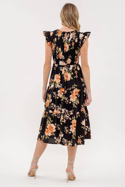 SMOCKED TIERED FLORAL MIDI DRESS: BLACK MULTI