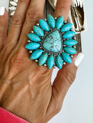 Western Natural Stone Oversized Statement Big Ring: Turquoise