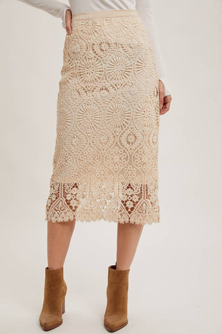 LACE MIDI SKIRT WITH INNER LINING: Beige / M