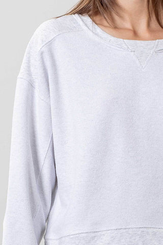 SOLID DROP SHOULDER RAW EDGE KNIT TOP: HEATHER GREY