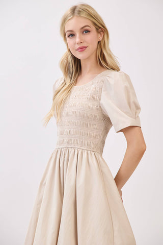 ROUND NECK SMOCKED BODICE SHORT PUFF SLEEVE DRESS - VD6101