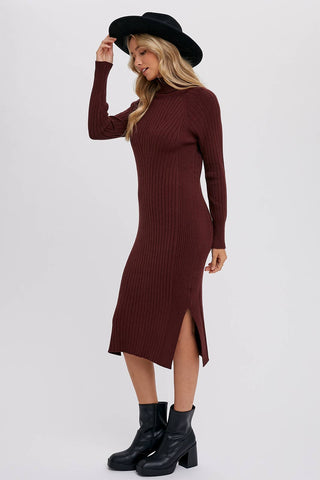 TURTLENECK RIBBED SWEATER MIDI DRESS: CHOCOLATE / S