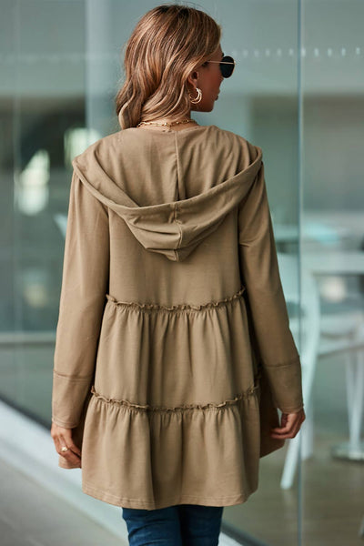 Khaki Tiered Ruffled Zip-Up Drawstring Hooded Jacket: S / AS SHOWN