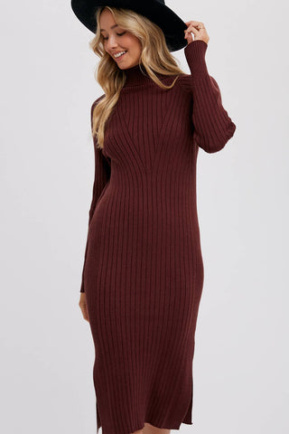 TURTLENECK RIBBED SWEATER MIDI DRESS: CHOCOLATE / S