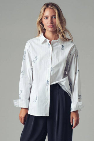 Playful Embroidered Animal Stripe Button-up Shirt