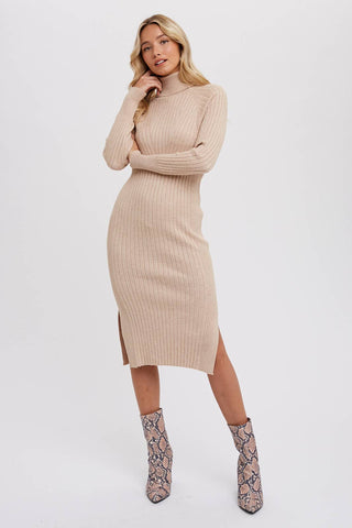 TURTLENECK RIBBED SWEATER MIDI DRESS: CHOCOLATE / S