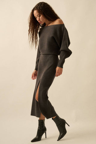 Rib-Knit One-Shoulder Dolman Midi Sweater Dress