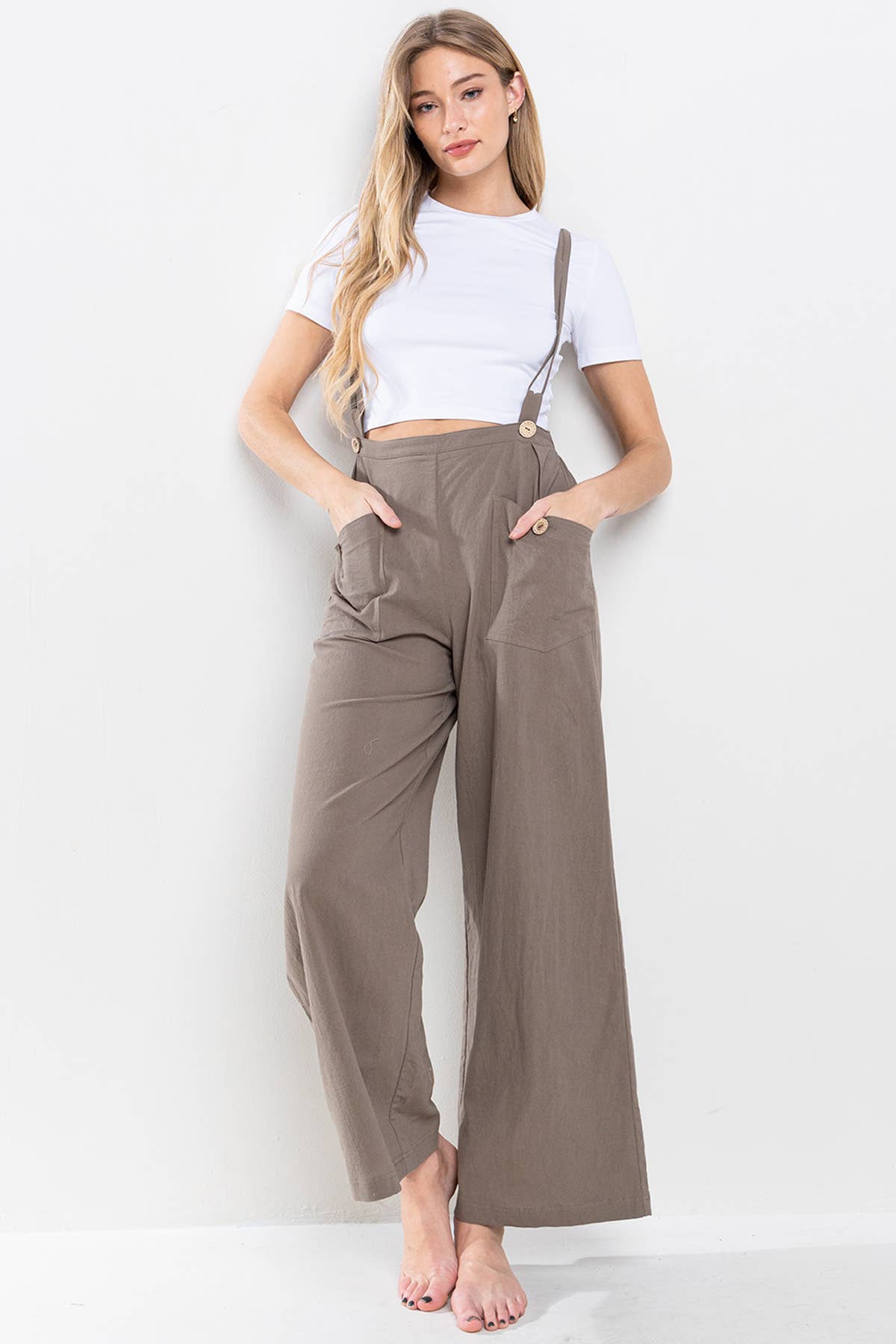 Linen Solid Self Tie Back Jumpsuit / BIC60697