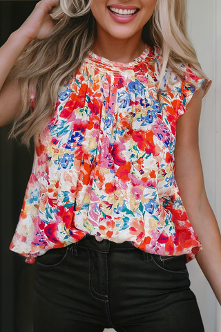 Red Frilled Neck Pleated Boho Floral Tank Top: S / Floral / Multi-Colored