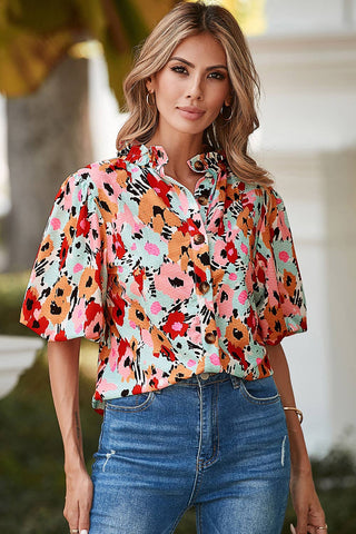 White Frilled High Neck Buttons Back Floral Blouse: L / Multi-Colored / Floral